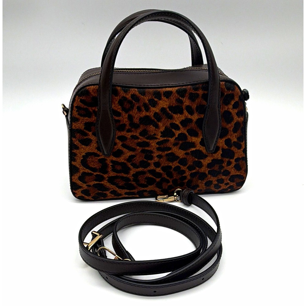 Madewell Calf Hair Leopard Print Chocolate  Leather Satchel Bag Zips w/ Strap